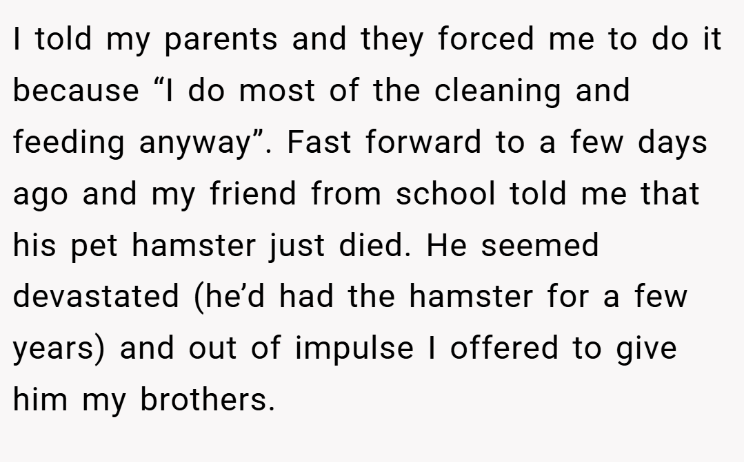 I told my parents and they forced me to do it because “I do most of the cleaning and feeding anyway”. Fast forward to a few days ago and my friend from school told me that his pet hamster just died. He seemed devastated (he’d had the hamster for a few years) and out of impulse I offered to give him my brothers.