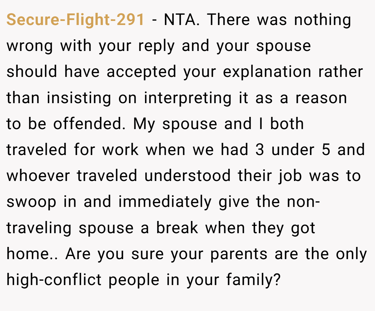 Secure-Flight-291 − NTA. There was nothing wrong with your reply and your spouse should have accepted your explanation rather than insisting on interpreting it as a reason to be offended. My spouse and I both traveled for work when we had 3 under 5 and whoever traveled understood their job was to swoop in and immediately give the non-traveling spouse a break when they got home.. Are you sure your parents are the only high-conflict people in your family?