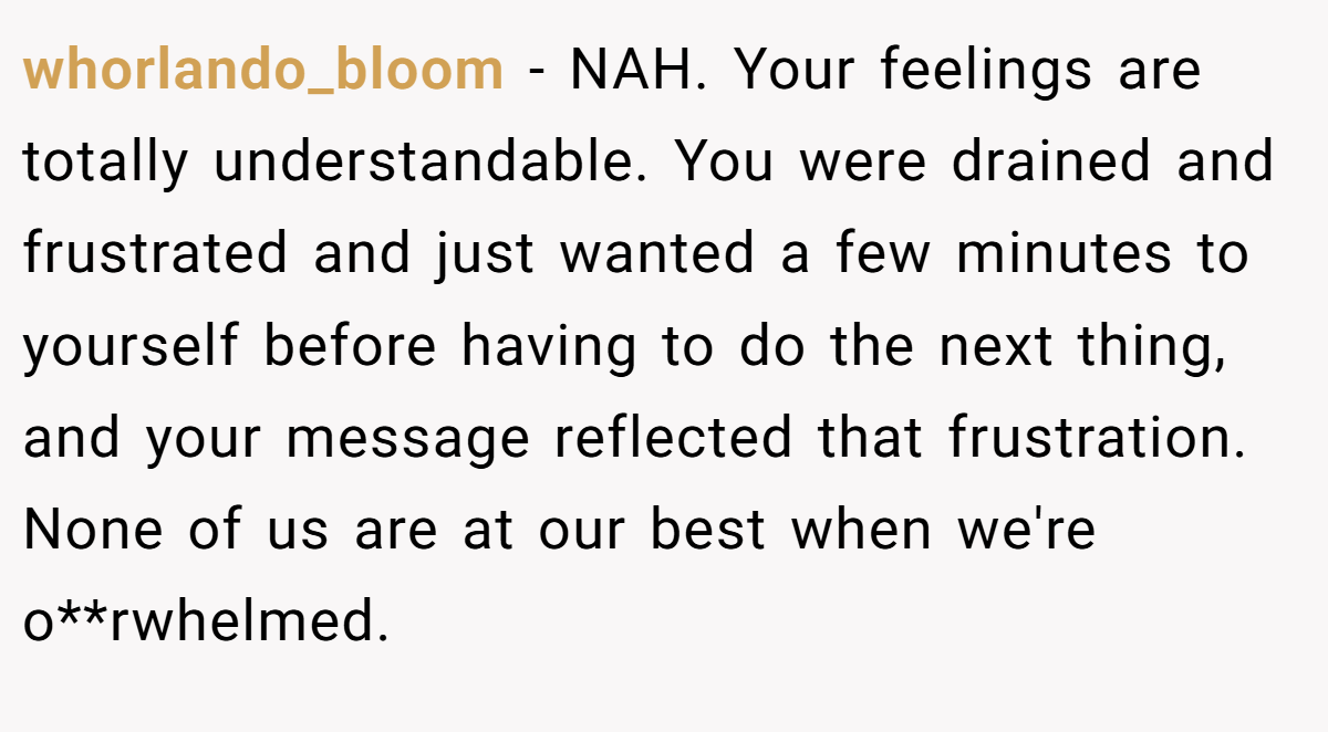 whorlando_bloom − NAH. Your feelings are totally understandable. You were drained and frustrated and just wanted a few minutes to yourself before having to do the next thing, and your message reflected that frustration. None of us are at our best when we're o**rwhelmed.