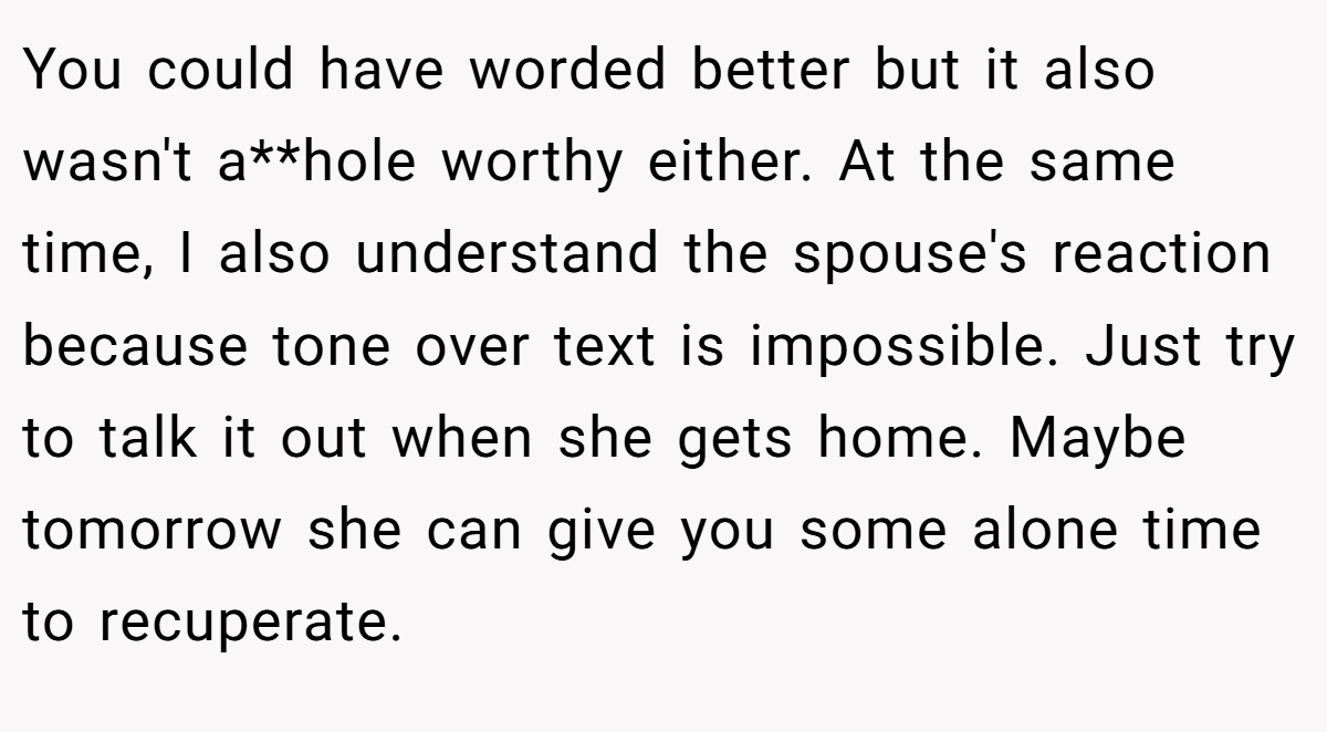 You could have worded better but it also wasn't a**hole worthy either. At the same time, I also understand the spouse's reaction because tone over text is impossible. Just try to talk it out when she gets home. Maybe tomorrow she can give you some alone time to recuperate.