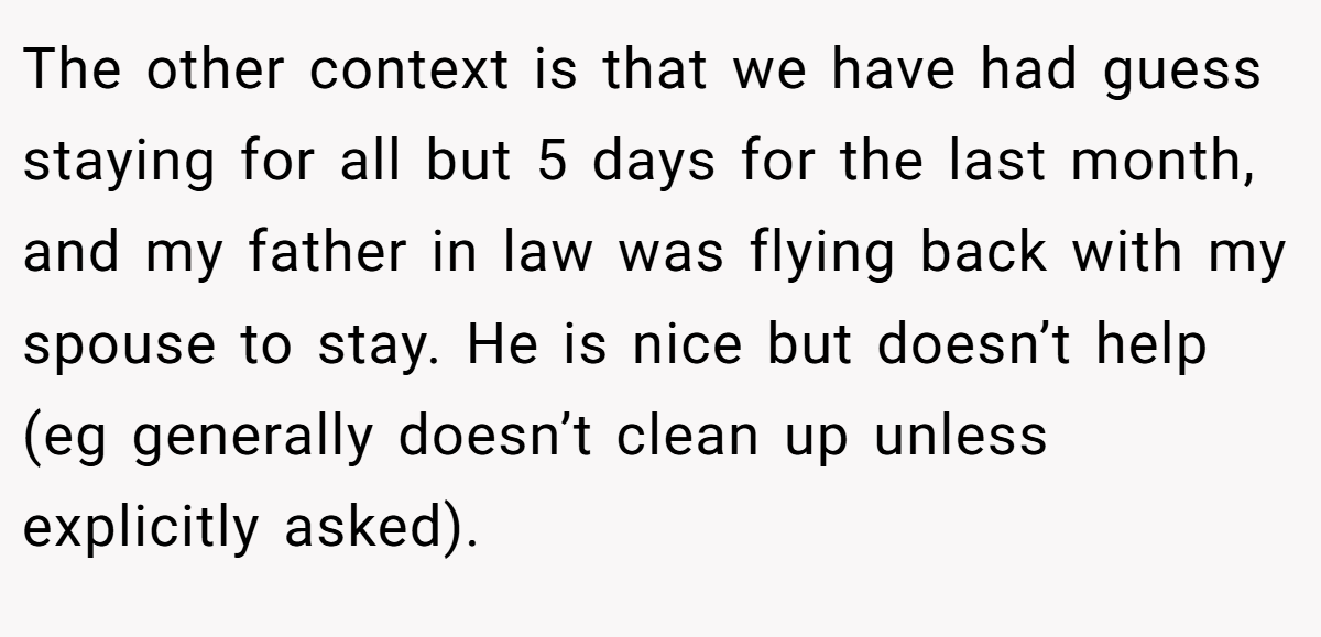 The other context is that we have had guess staying for all but 5 days for the last month, and my father in law was flying back with my spouse to stay. He is nice but doesn’t help (eg generally doesn’t clean up unless explicitly asked).