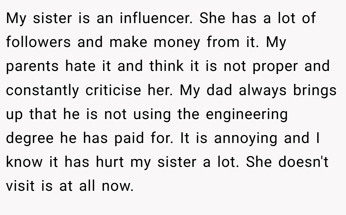 My sister is an influencer. She has a lot of followers and make money from it. My parents hate it and think it is not proper and constantly criticise her. My dad always brings up that he is not using the engineering degree he has paid for. It is annoying and I know it has hurt my sister a lot. She doesn't visit is at all now.