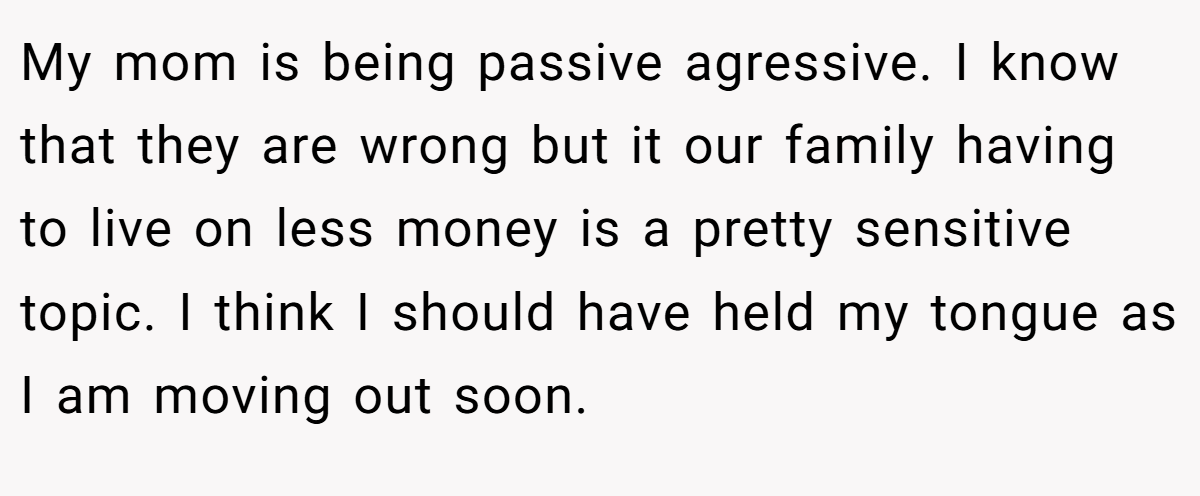 My mom is being passive agressive. I know that they are wrong but it our family having to live on less money is a pretty sensitive topic. I think I should have held my tongue as I am moving out soon.