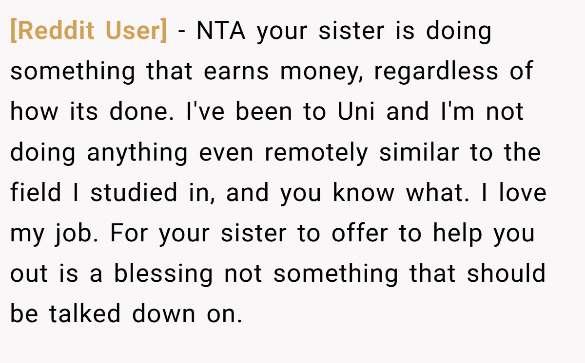 [Reddit User] - NTA your sister is doing something that earns money, regardless of how its done. I've been to Uni and I'm not doing anything even remotely similar to the field I studied in, and you know what. I love my job. For your sister to offer to help you out is a blessing not something that should be talked down on.