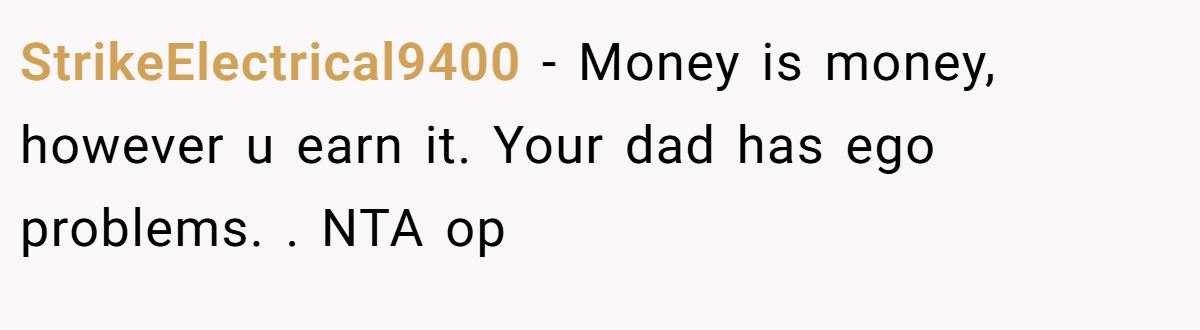 StrikeElectrical9400 - Money is money, however u earn it. Your dad has ego problems. ​. NTA op