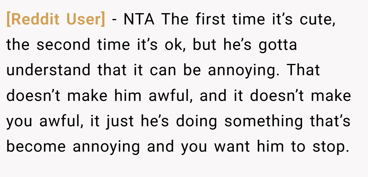 [Reddit User] − NTA The first time it’s cute, the second time it’s ok, but he’s gotta understand that it can be annoying. That doesn’t make him awful, and it doesn’t make you awful, it just he’s doing something that’s become annoying and you want him to stop.