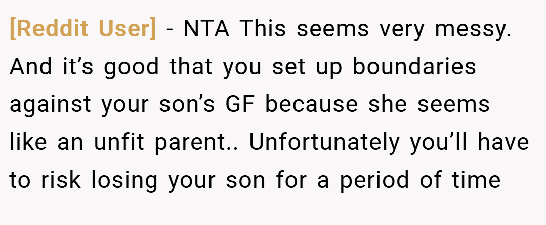 [Reddit User] − NTA This seems very messy. And it’s good that you set up boundaries against your son’s GF because she seems like an unfit parent.. Unfortunately you’ll have to risk losing your son for a period of time