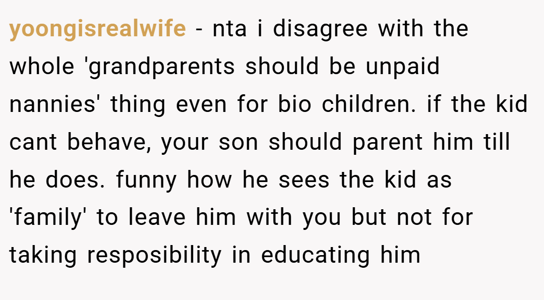 yoongisrealwife − nta i disagree with the whole 'grandparents should be unpaid nannies' thing even for bio children. if the kid cant behave, your son should parent him till he does. funny how he sees the kid as 'family' to leave him with you but not for taking resposibility in educating him