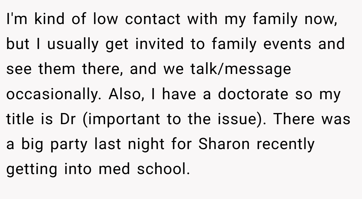 I'm kind of low contact with my family now, but I usually get invited to family events and see them there, and we talk/message occasionally. Also, I have a doctorate so my title is Dr (important to the issue). There was a big party last night for Sharon recently getting into med school.