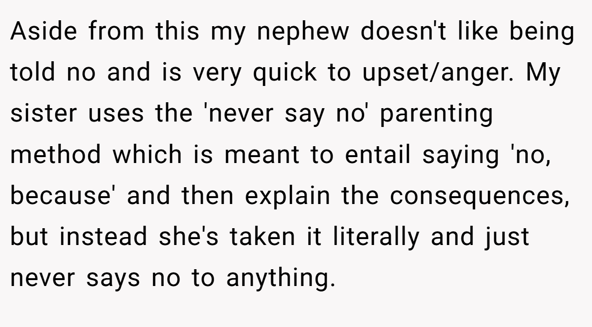 Aside from this my nephew doesn't like being told no and is very quick to upset/anger. My sister uses the 'never say no' parenting method which is meant to entail saying 'no, because' and then explain the consequences, but instead she's taken it literally and just never says no to anything.