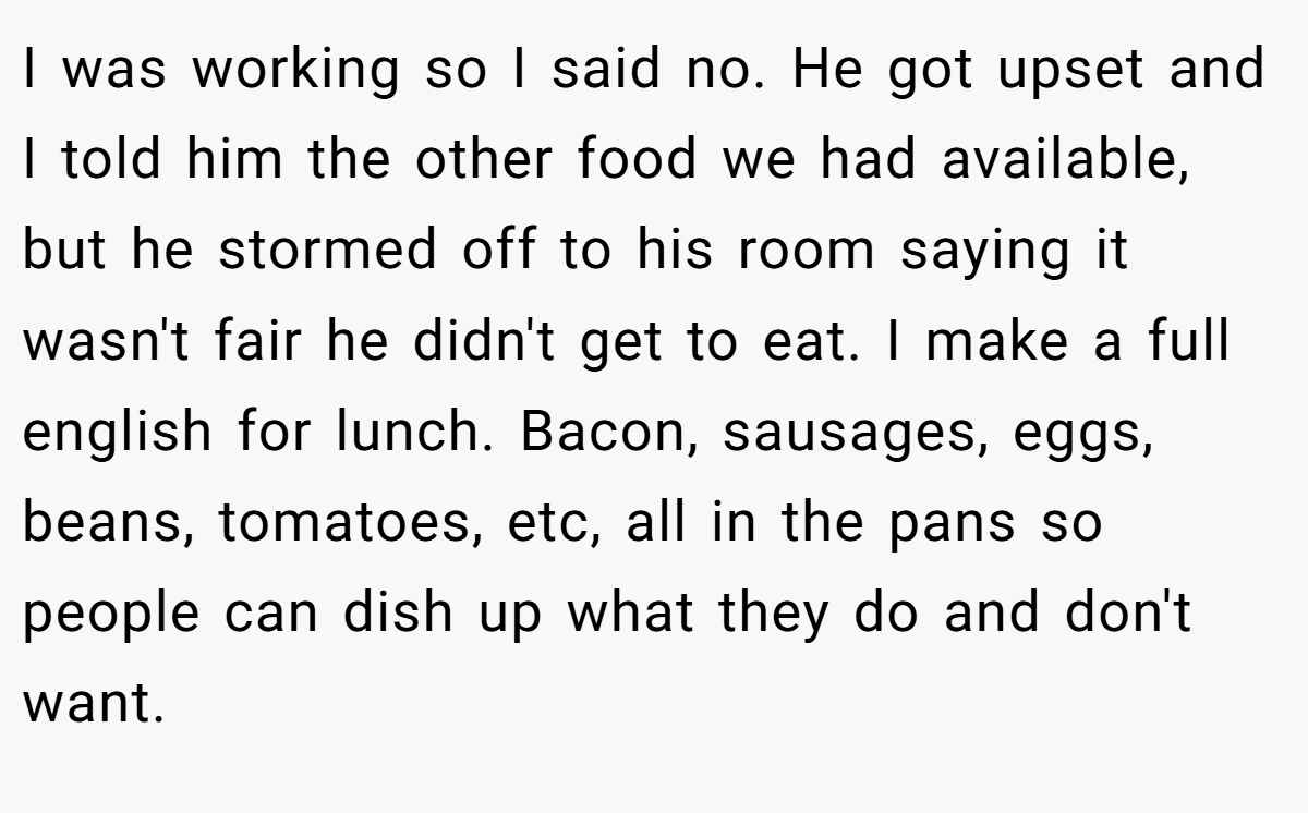 I was working so I said no. He got upset and I told him the other food we had available, but he stormed off to his room saying it wasn't fair he didn't get to eat. I make a full english for lunch. Bacon, sausages, eggs, beans, tomatoes, etc, all in the pans so people can dish up what they do and don't want.