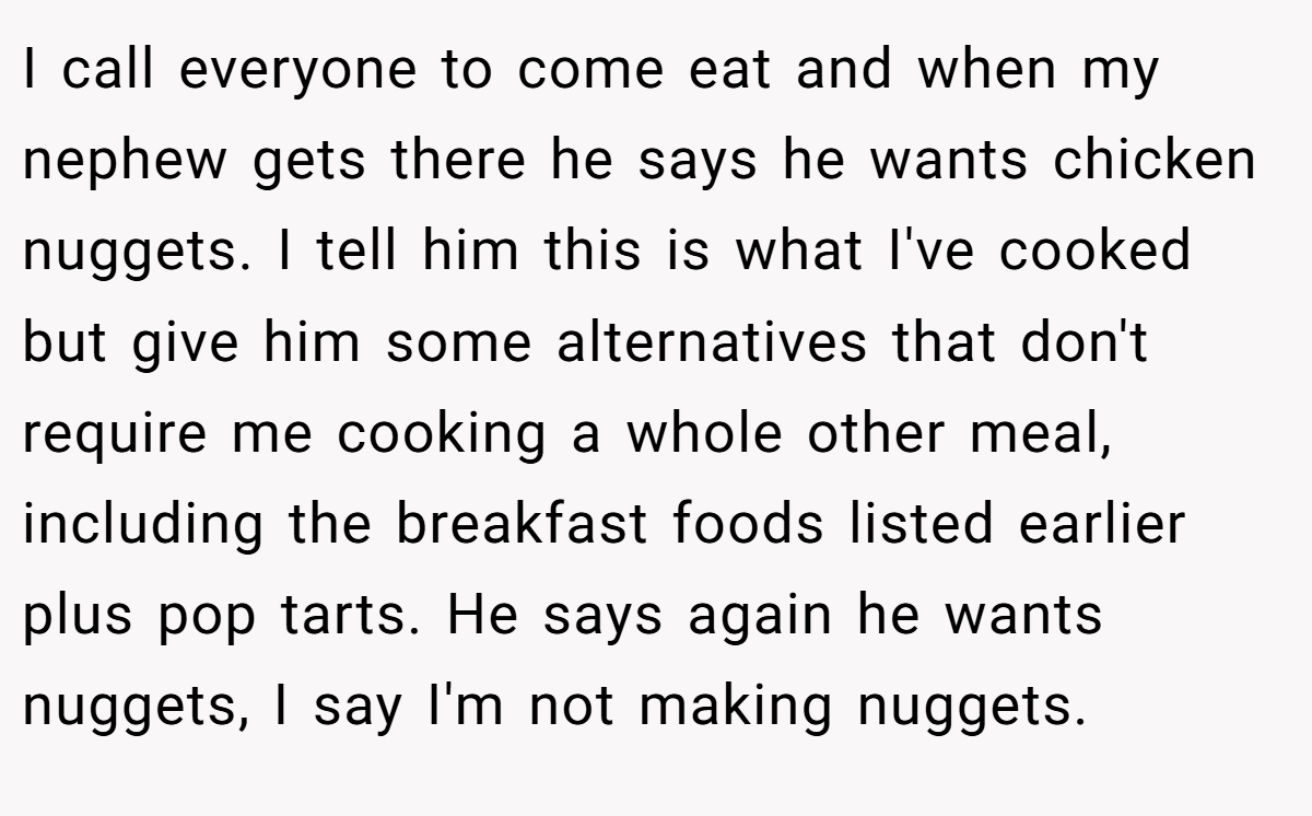 I call everyone to come eat and when my nephew gets there he says he wants chicken nuggets. I tell him this is what I've cooked but give him some alternatives that don't require me cooking a whole other meal, including the breakfast foods listed earlier plus pop tarts. He says again he wants nuggets, I say I'm not making nuggets.