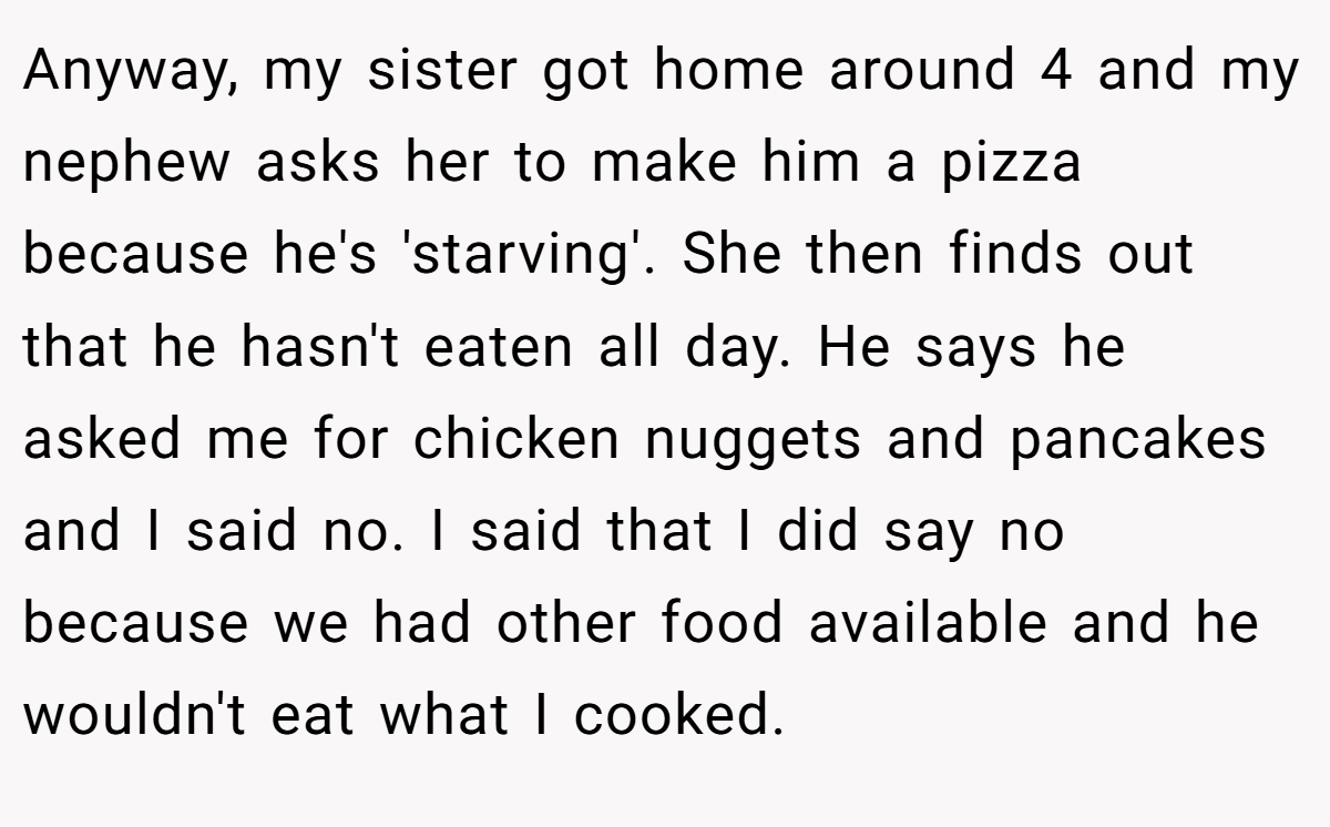 Anyway, my sister got home around 4 and my nephew asks her to make him a pizza because he's 'starving'. She then finds out that he hasn't eaten all day. He says he asked me for chicken nuggets and pancakes and I said no. I said that I did say no because we had other food available and he wouldn't eat what I cooked.