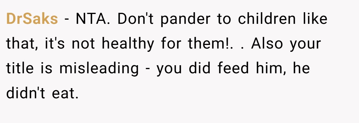 DrSaks − NTA. Don't pander to children like that, it's not healthy for them!. ​. Also your title is misleading - you did feed him, he didn't eat.