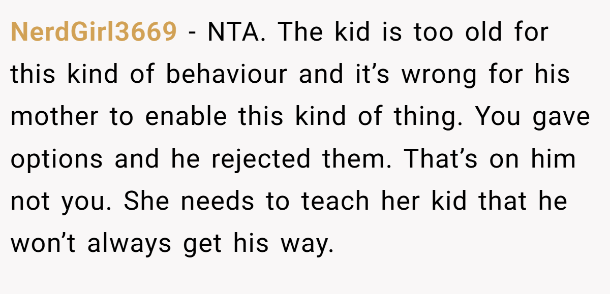 NerdGirl3669 − NTA. The kid is too old for this kind of behaviour and it’s wrong for his mother to enable this kind of thing. You gave options and he rejected them. That’s on him not you. She needs to teach her kid that he won’t always get his way.