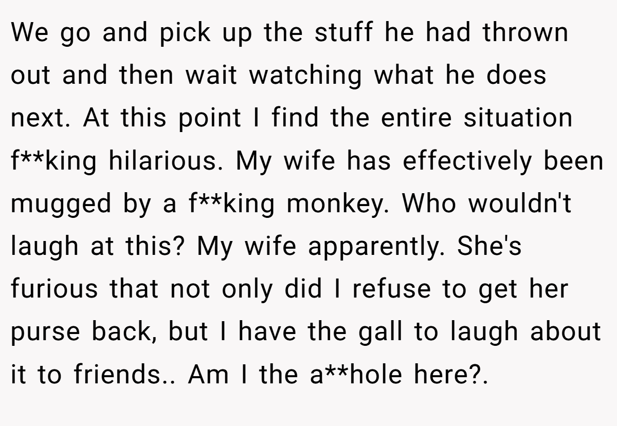 We go and pick up the stuff he had thrown out and then wait watching what he does next. At this point I find the entire situation f**king hilarious. My wife has effectively been mugged by a f**king monkey. Who wouldn't laugh at this? My wife apparently. She's furious that not only did I refuse to get her purse back, but I have the gall to laugh about it to friends.. Am I the a**hole here?.