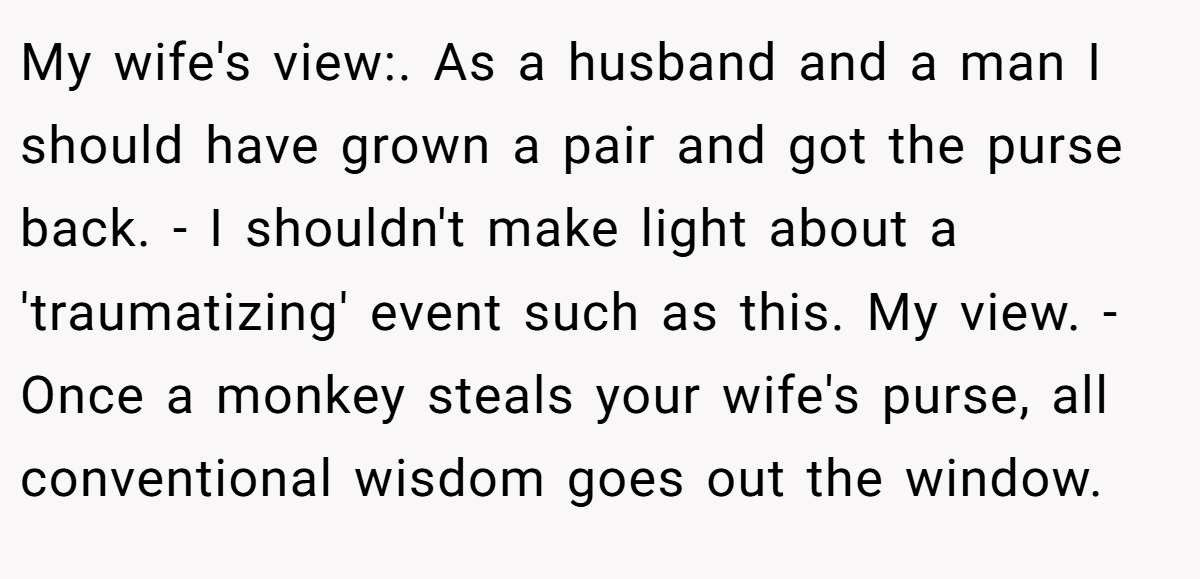 My wife's view:. As a husband and a man I should have grown a pair and got the purse back. - I shouldn't make light about a 'traumatizing' event such as this. My view. - Once a monkey steals your wife's purse, all conventional wisdom goes out the window.