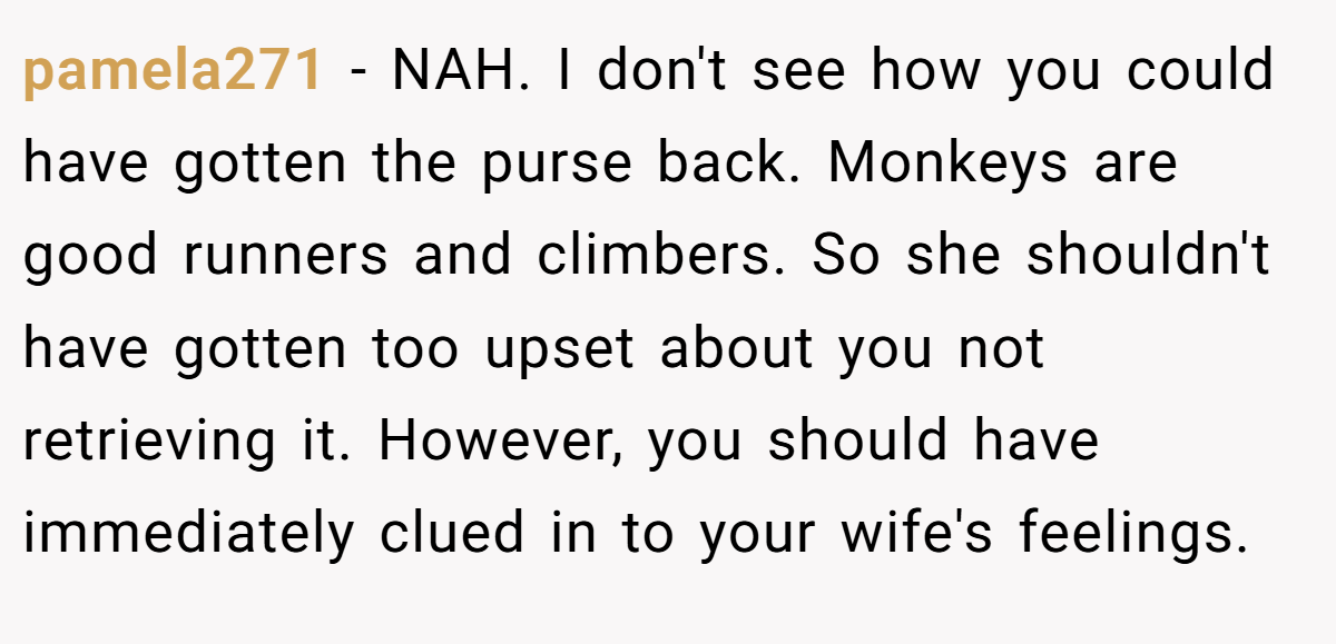 pamela271 - NAH. I don't see how you could have gotten the purse back. Monkeys are good runners and climbers. So she shouldn't have gotten too upset about you not retrieving it. However, you should have immediately clued in to your wife's feelings.