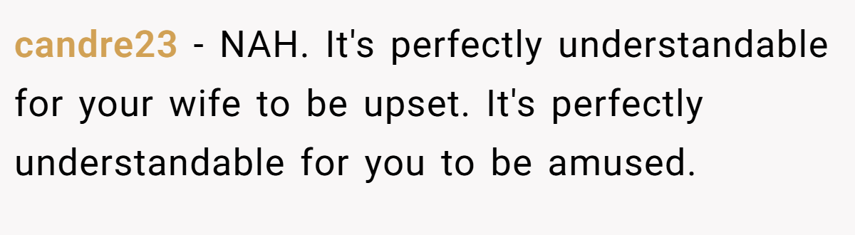 candre23 - NAH. It's perfectly understandable for your wife to be upset. It's perfectly understandable for you to be amused.
