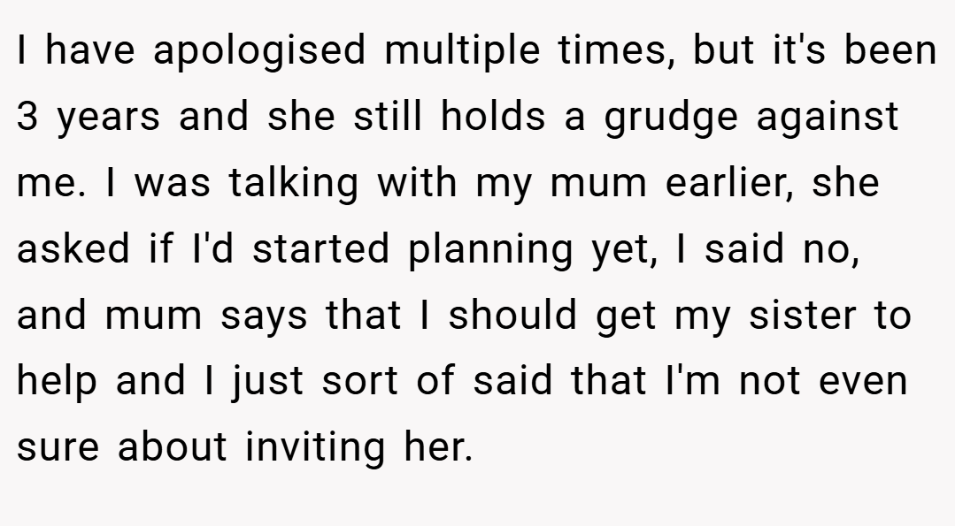 I have apologised multiple times, but it's been 3 years and she still holds a grudge against me. I was talking with my mum earlier, she asked if I'd started planning yet, I said no, and mum says that I should get my sister to help and I just sort of said that I'm not even sure about inviting her.
