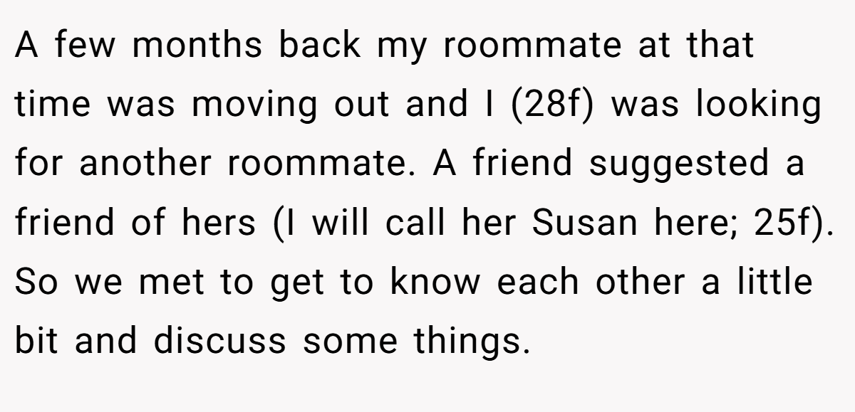 A few months back my roommate at that time was moving out and I (28f) was looking for another roommate. A friend suggested a friend of hers (I will call her Susan here; 25f). So we met to get to know each other a little bit and discuss some things.