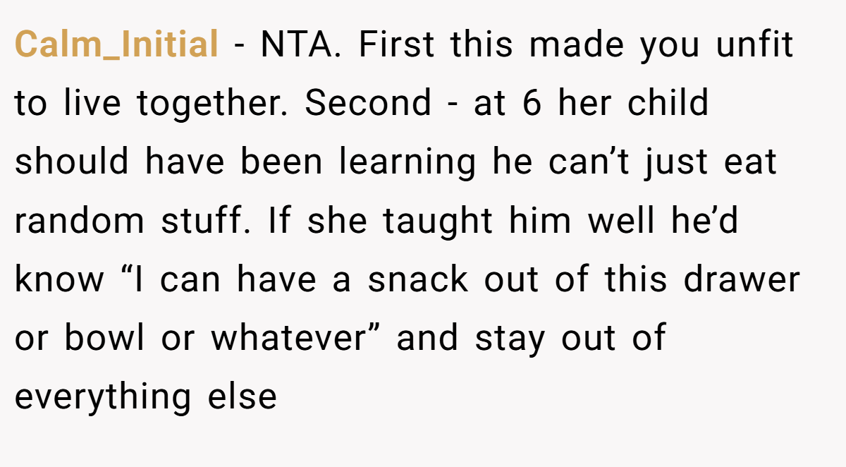 Calm_Initial - NTA. First this made you unfit to live together. Second - at 6 her child should have been learning he can’t just eat random stuff. If she taught him well he’d know “I can have a snack out of this drawer or bowl or whatever” and stay out of everything else