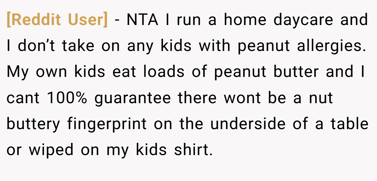 [Reddit User] - NTA I run a home daycare and I don’t take on any kids with peanut allergies. My own kids eat loads of peanut butter and I cant 100% guarantee there wont be a nut buttery fingerprint on the underside of a table or wiped on my kids shirt.