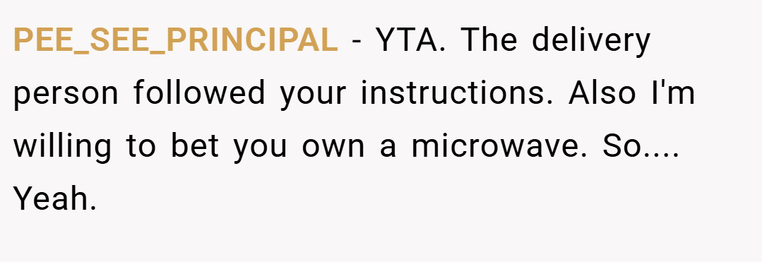 PEE_SEE_PRINCIPAL − YTA. The delivery person followed your instructions. Also I'm willing to bet you own a microwave. So.... Yeah.
