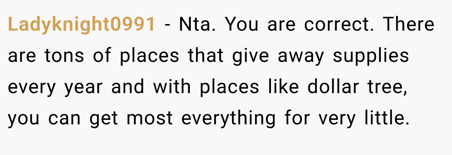Ladyknight0991 − Nta. You are correct. There are tons of places that give away supplies every year and with places like dollar tree, you can get most everything for very little.