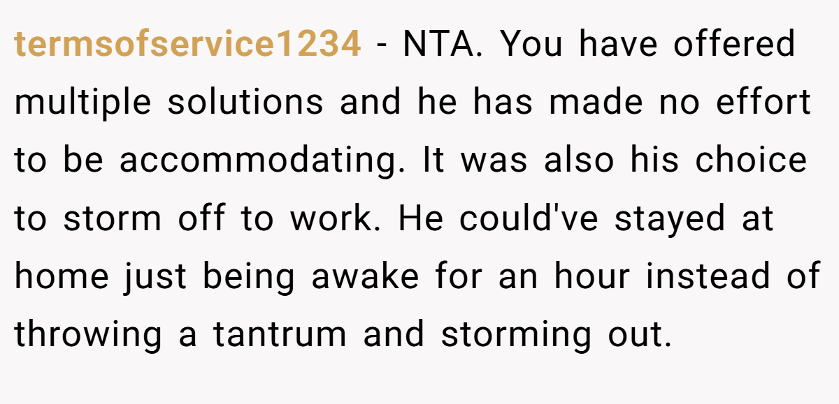 termsofservice1234 − NTA. You have offered multiple solutions and he has made no effort to be accommodating. It was also his choice to storm off to work. He could've stayed at home just being awake for an hour instead of throwing a tantrum and storming out.