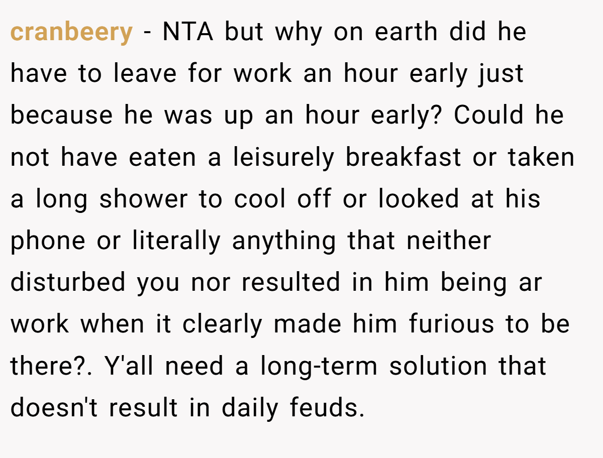 cranbeery − NTA but why on earth did he have to leave for work an hour early just because he was up an hour early? Could he not have eaten a leisurely breakfast or taken a long shower to cool off or looked at his phone or literally anything that neither disturbed you nor resulted in him being ar work when it clearly made him furious to be there?. Y'all need a long-term solution that doesn't result in daily feuds.
