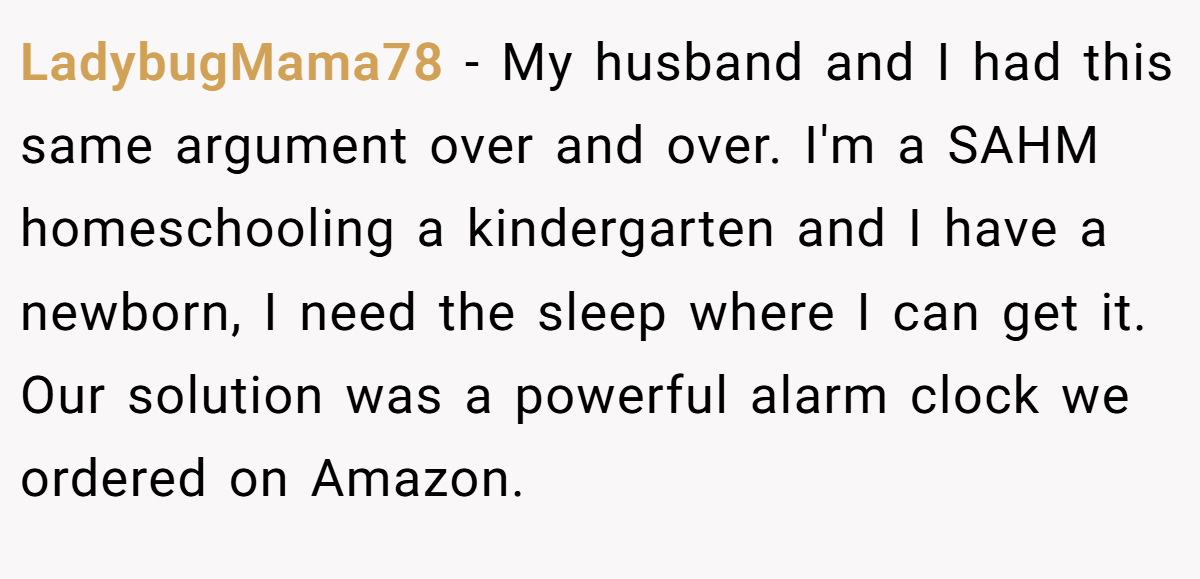 LadybugMama78 − My husband and I had this same argument over and over. I'm a SAHM homeschooling a kindergarten and I have a newborn, I need the sleep where I can get it. Our solution was a powerful alarm clock we ordered on Amazon.