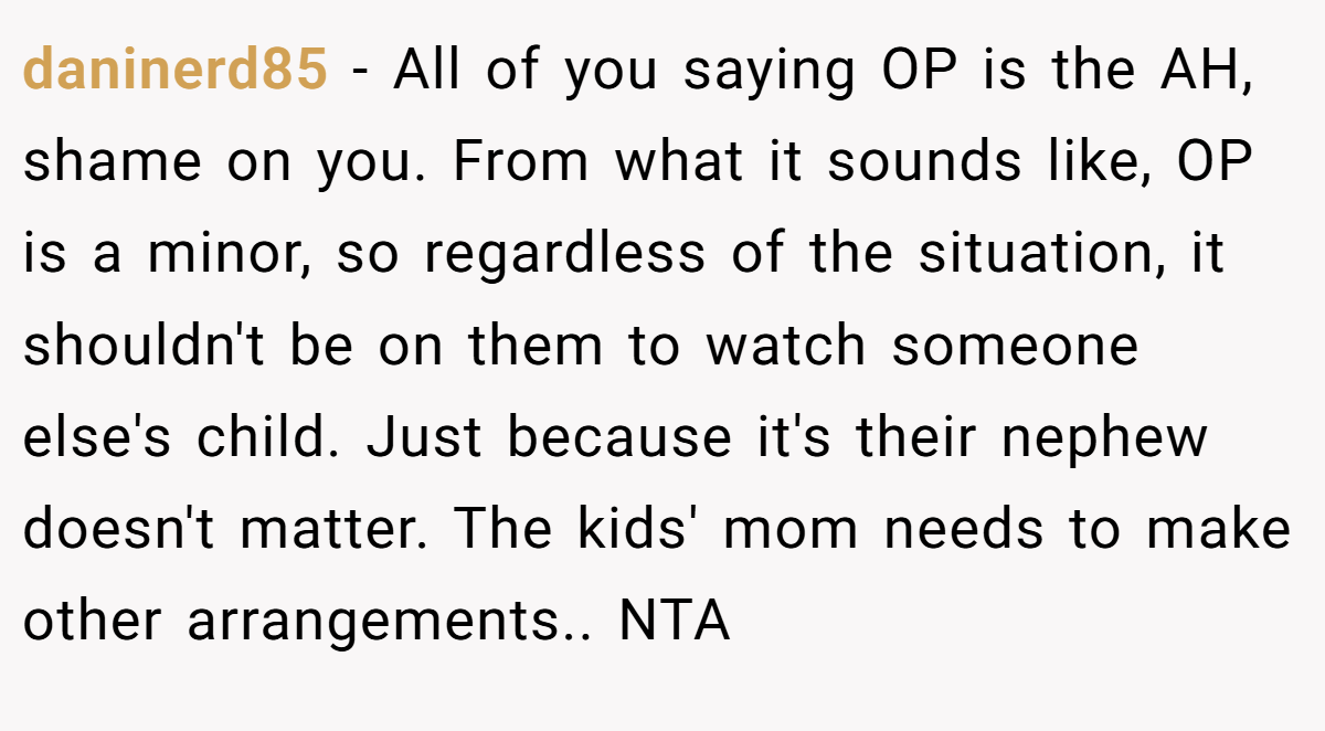 daninerd85 − All of you saying OP is the AH, shame on you. From what it sounds like, OP is a minor, so regardless of the situation, it shouldn't be on them to watch someone else's child. Just because it's their nephew doesn't matter. The kids' mom needs to make other arrangements.. NTA