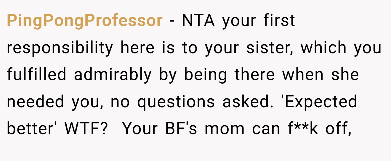 PingPongProfessor - NTA your first responsibility here is to your sister, which you fulfilled admirably by being there when she needed you, no questions asked. 'Expected better' WTF?  Your BF's mom can f**k off,