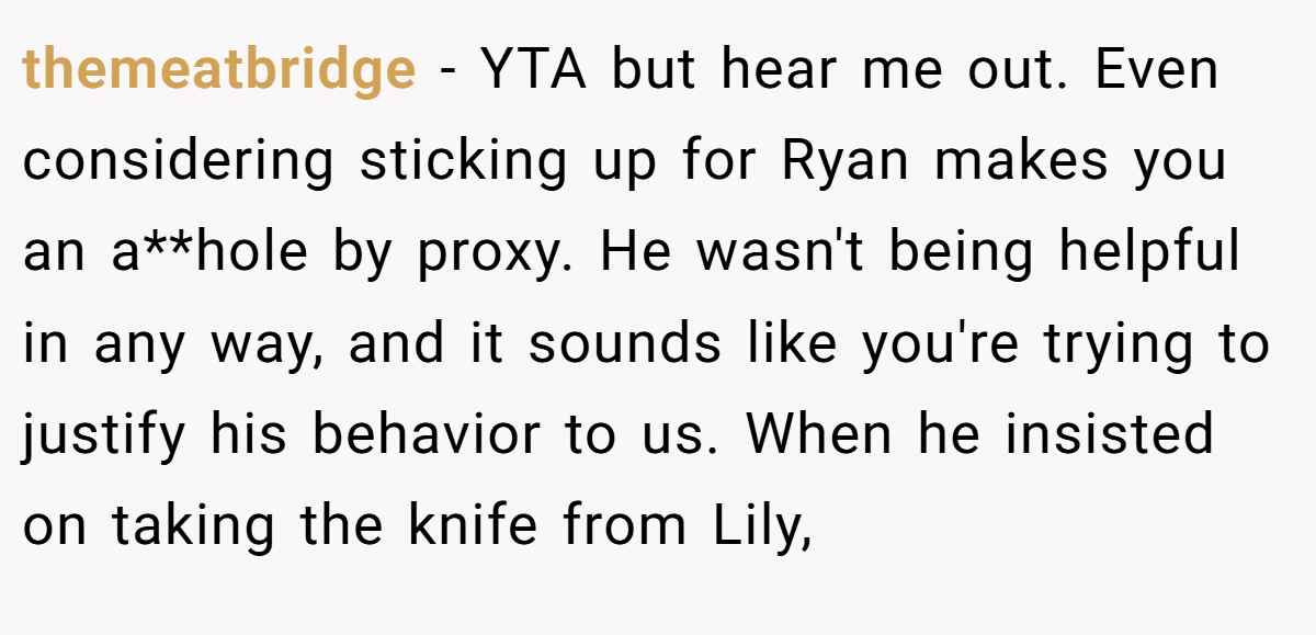 themeatbridge - YTA but hear me out. Even considering sticking up for Ryan makes you an a**hole by proxy. He wasn't being helpful in any way, and it sounds like you're trying to justify his behavior to us. When he insisted on taking the knife from Lily,