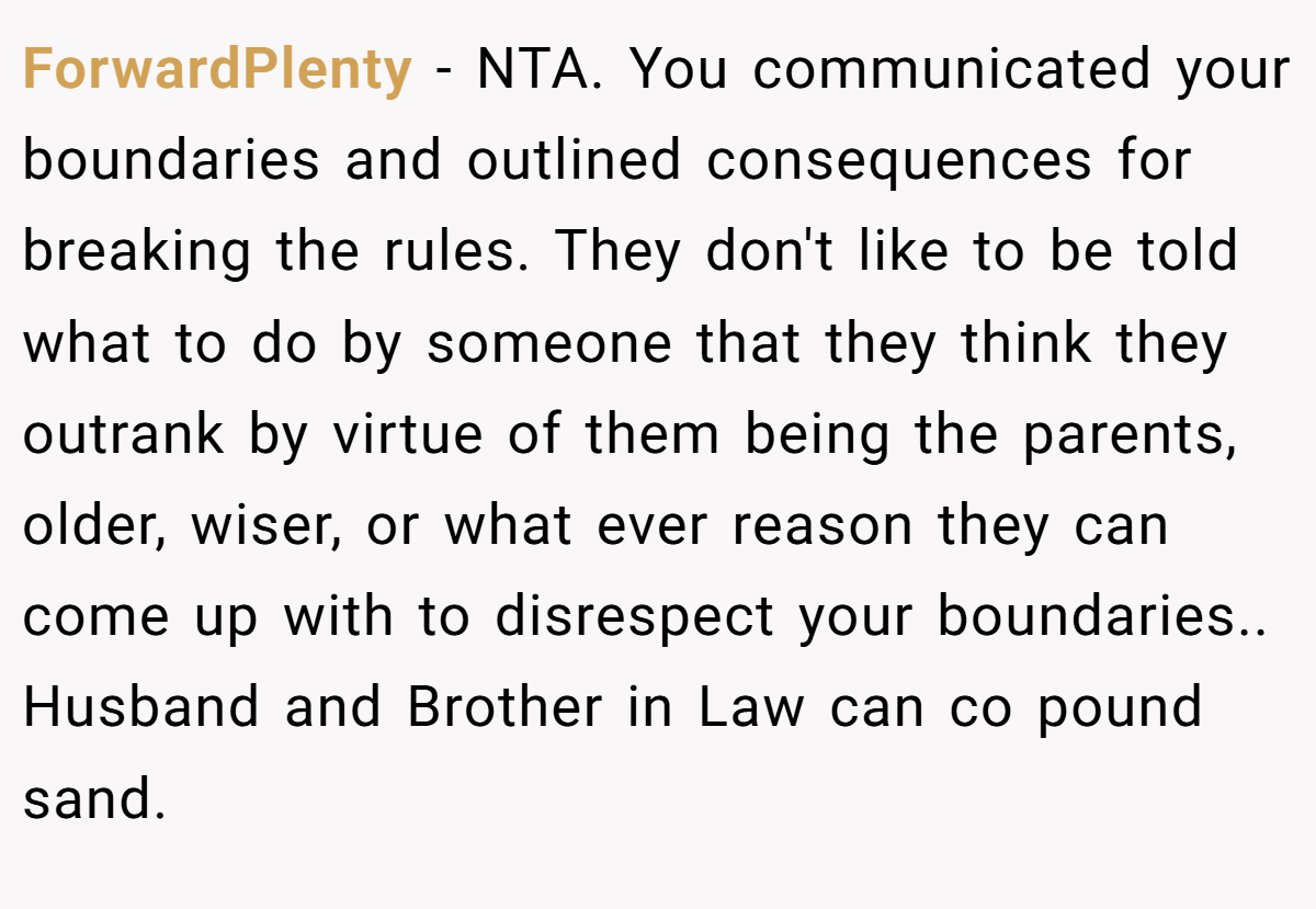 ForwardPlenty − NTA. You communicated your boundaries and outlined consequences for breaking the rules. They don't like to be told what to do by someone that they think they outrank by virtue of them being the parents, older, wiser, or what ever reason they can come up with to disrespect your boundaries.. Husband and Brother in Law can co pound sand.