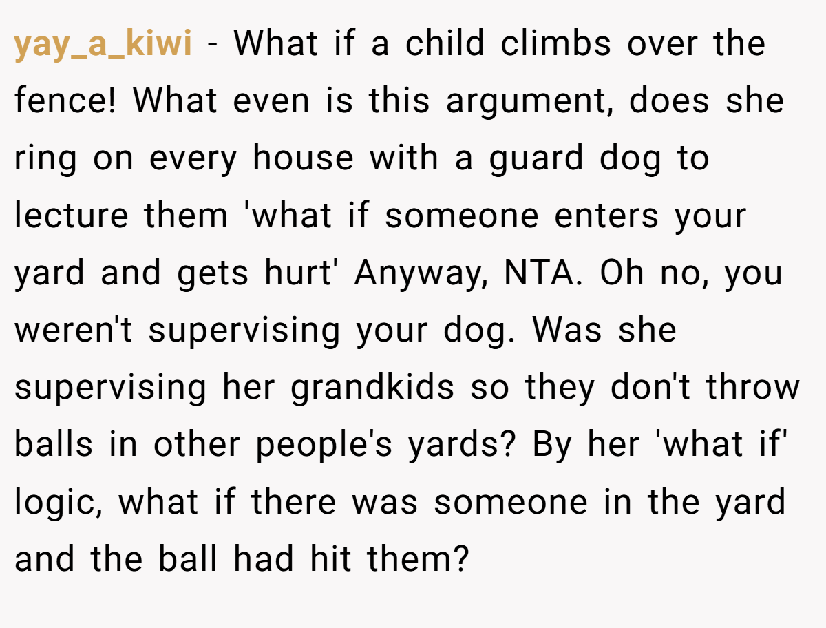 yay_a_kiwi − What if a child climbs over the fence! What even is this argument, does she ring on every house with a guard dog to lecture them 'what if someone enters your yard and gets hurt' Anyway, NTA. Oh no, you weren't supervising your dog. Was she supervising her grandkids so they don't throw balls in other people's yards? By her 'what if' logic, what if there was someone in the yard and the ball had hit them?