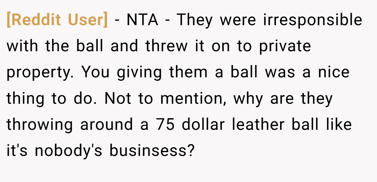 [Reddit User] − NTA - They were irresponsible with the ball and threw it on to private property. You giving them a ball was a nice thing to do. Not to mention, why are they throwing around a 75 dollar leather ball like it's nobody's businsess?