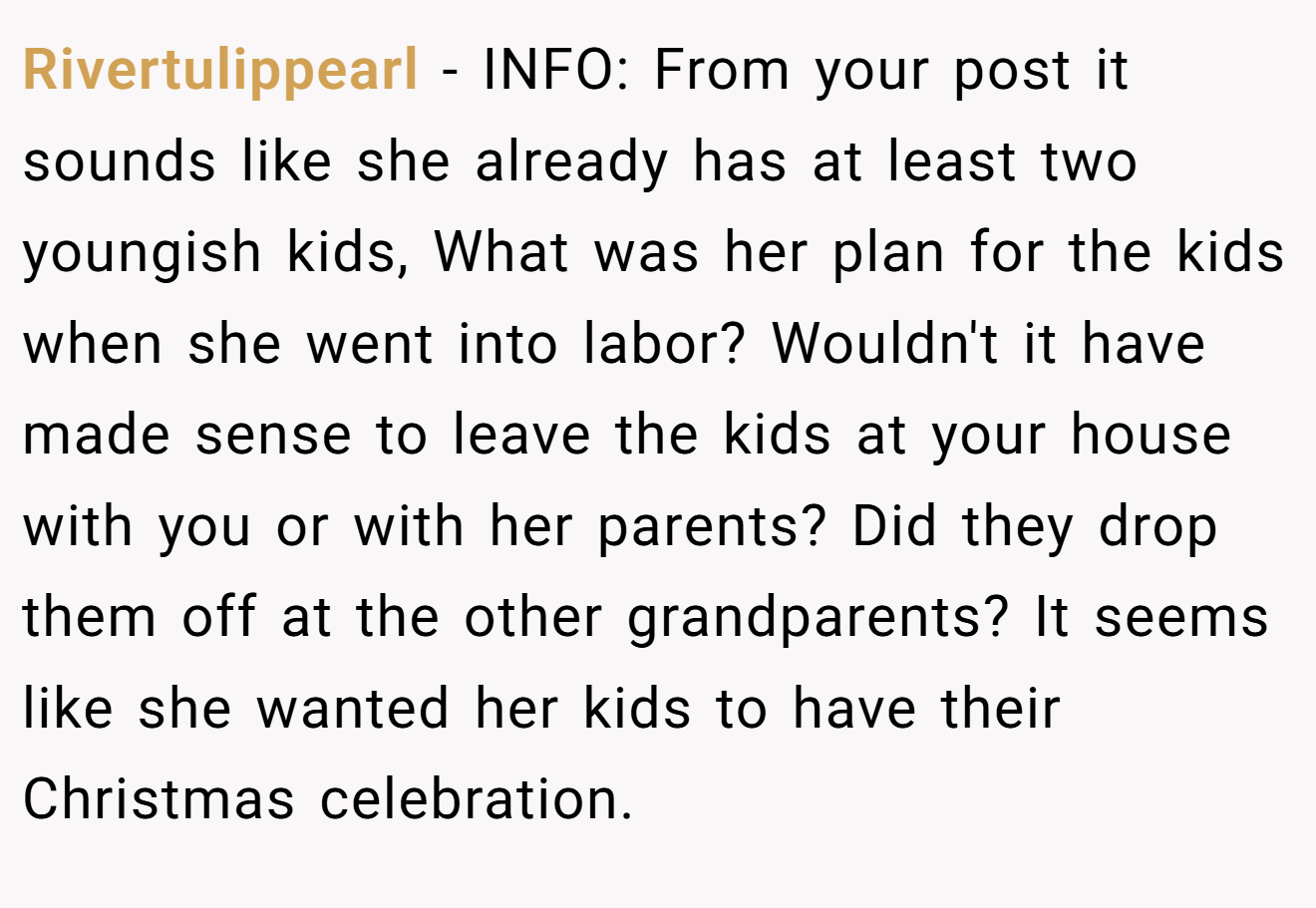Rivertulippearl - INFO: From your post it sounds like she already has at least two youngish kids, What was her plan for the kids when she went into labor? Wouldn't it have made sense to leave the kids at your house with you or with her parents? Did they drop them off at the other grandparents? It seems like she wanted her kids to have their Christmas celebration.