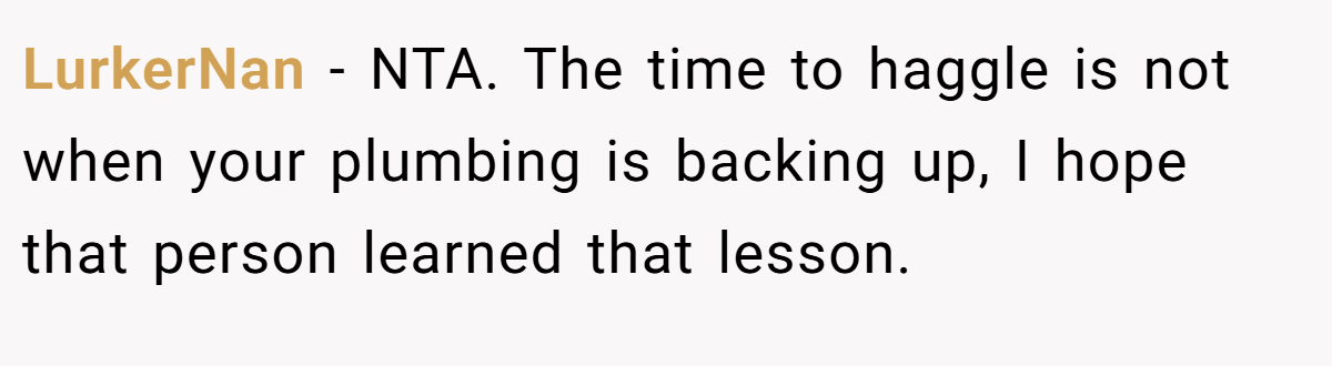 LurkerNan − NTA. The time to haggle is not when your plumbing is backing up, I hope that person learned that lesson.