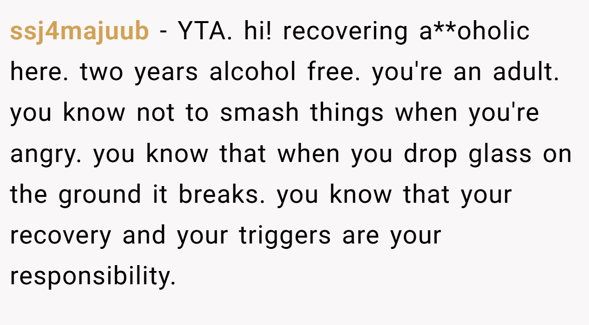 ssj4majuub − YTA. hi! recovering a**oholic here. two years alcohol free. you're an adult. you know not to smash things when you're angry. you know that when you drop glass on the ground it breaks. you know that your recovery and your triggers are your responsibility.