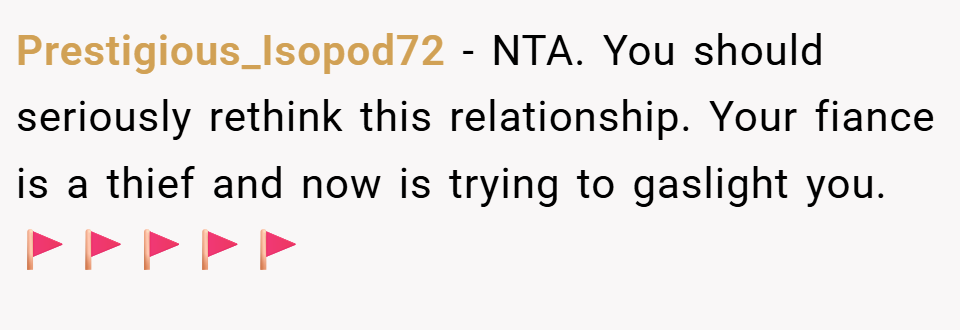 Prestigious_Isopod72 − NTA. You should seriously rethink this relationship. Your fiance is a thief and now is trying to gaslight you. 🚩🚩🚩🚩🚩