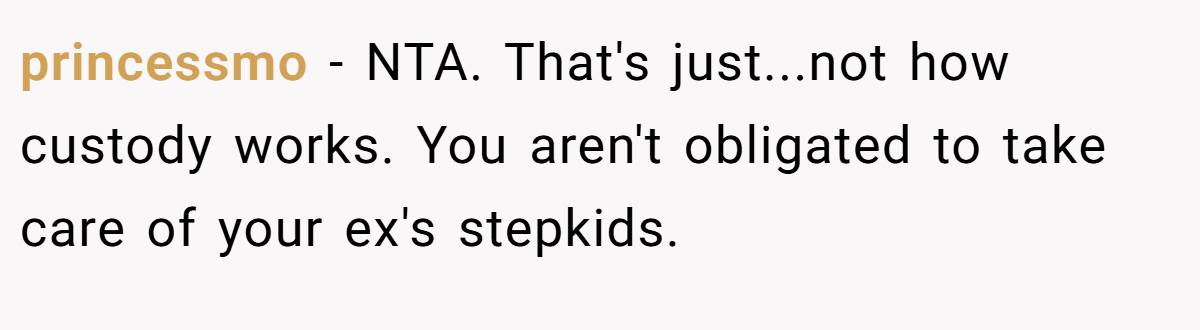 princessmo − NTA. That's just...not how custody works. You aren't obligated to take care of your ex's stepkids.