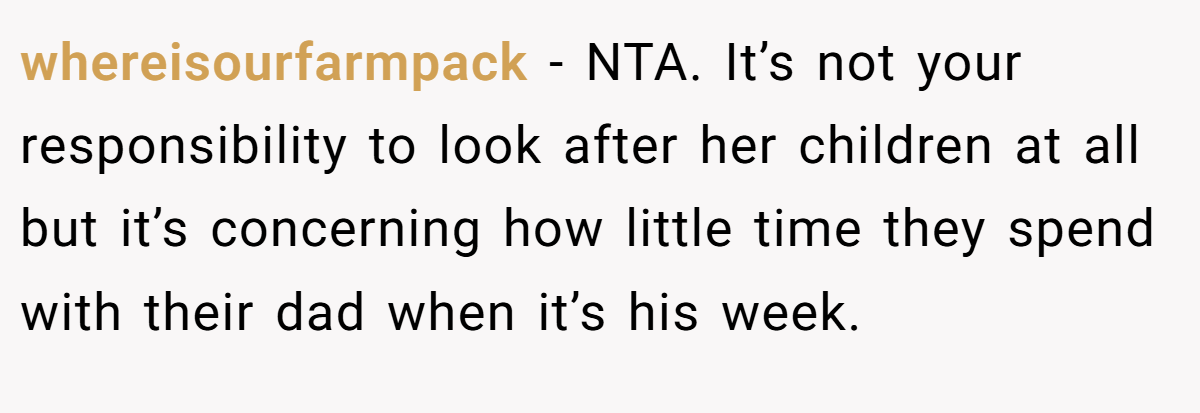 whereisourfarmpack − NTA. It’s not your responsibility to look after her children at all but it’s concerning how little time they spend with their dad when it’s his week.
