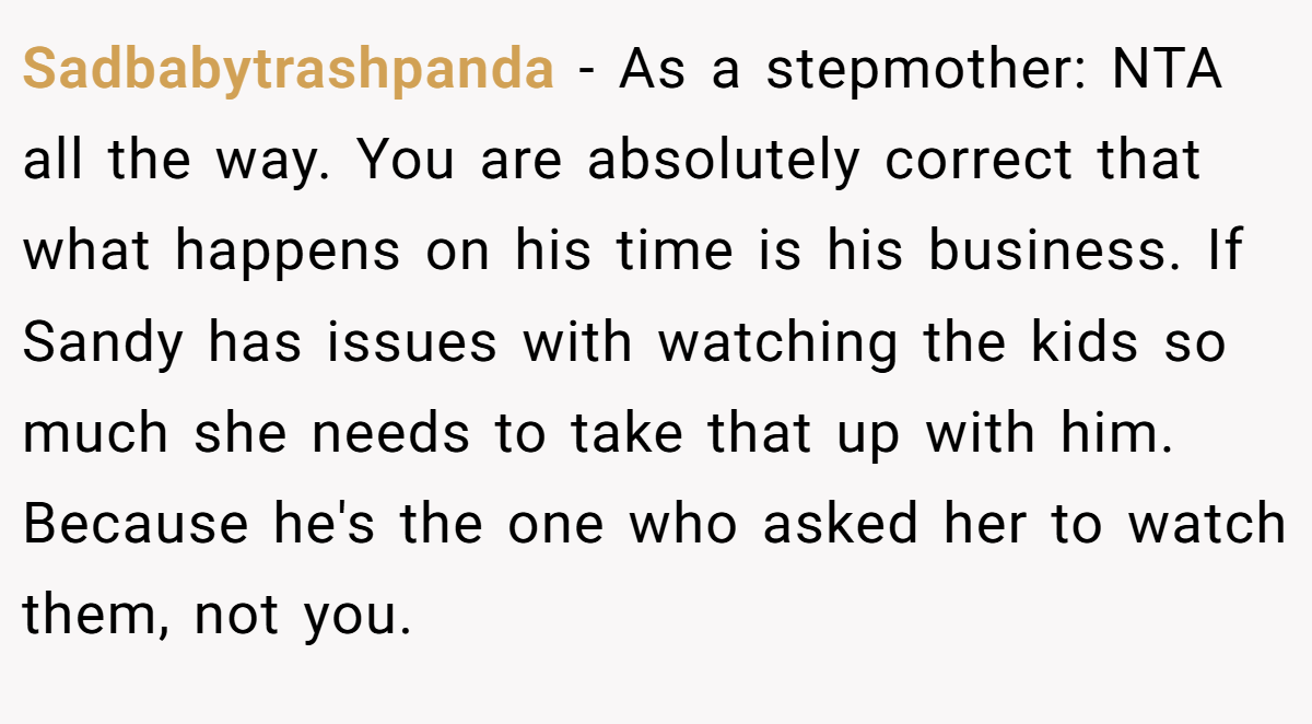 Sadbabytrashpanda − As a stepmother: NTA all the way. You are absolutely correct that what happens on his time is his business. If Sandy has issues with watching the kids so much she needs to take that up with him. Because he's the one who asked her to watch them, not you.