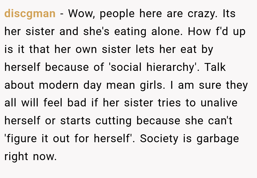discgman − Wow, people here are crazy. Its her sister and she's eating alone. How f'd up is it that her own sister lets her eat by herself because of 'social hierarchy'. Talk about modern day mean girls. I am sure they all will feel bad if her sister tries to unalive herself or starts cutting because she can't 'figure it out for herself'. Society is garbage right now.
