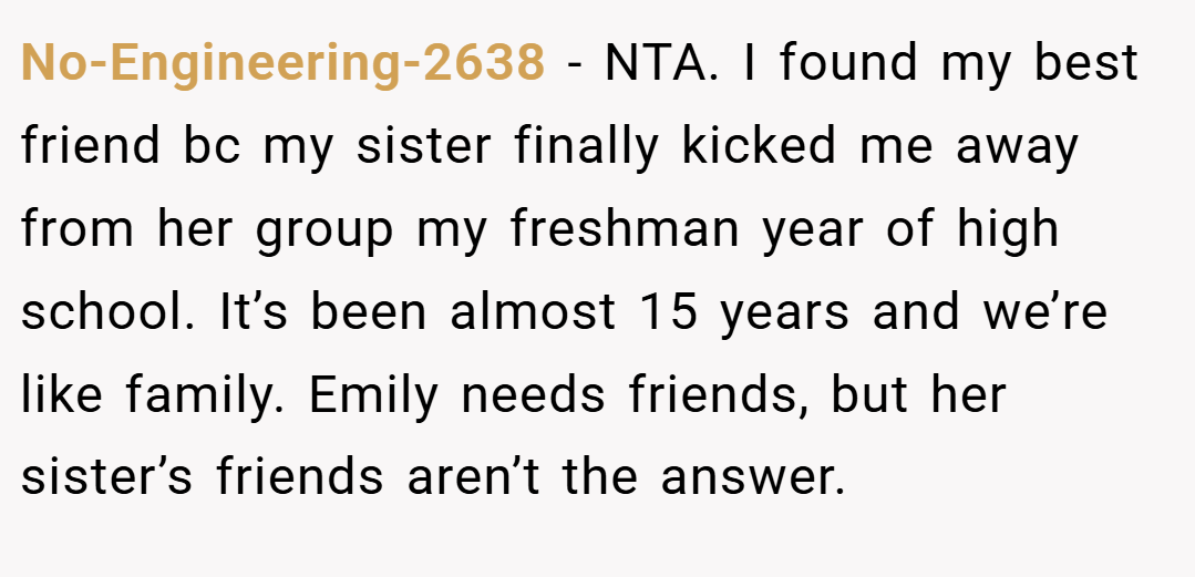 No-Engineering-2638 − NTA. I found my best friend bc my sister finally kicked me away from her group my freshman year of high school. It’s been almost 15 years and we’re like family. Emily needs friends, but her sister’s friends aren’t the answer.