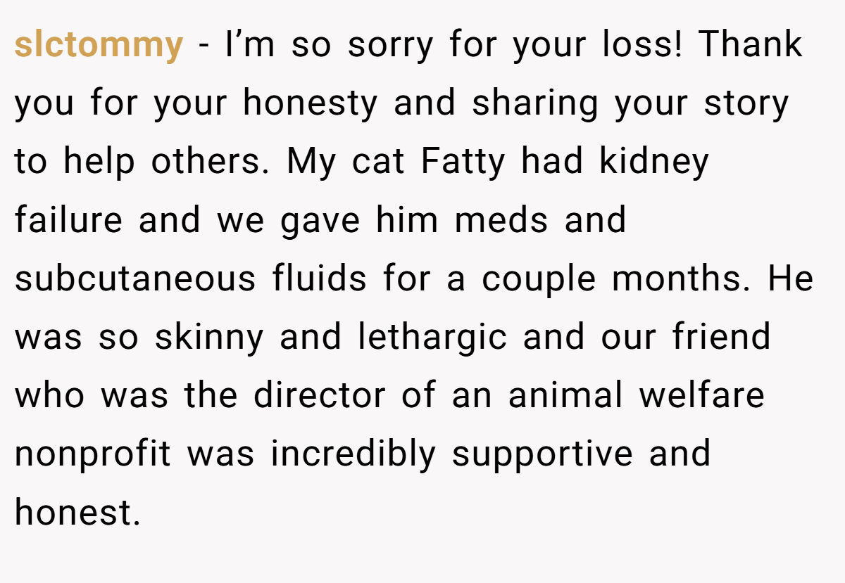 slctommy − I’m so sorry for your loss! Thank you for your honesty and sharing your story to help others. My cat Fatty had kidney failure and we gave him meds and subcutaneous fluids for a couple months. He was so skinny and lethargic and our friend who was the director of an animal welfare nonprofit was incredibly supportive and honest.