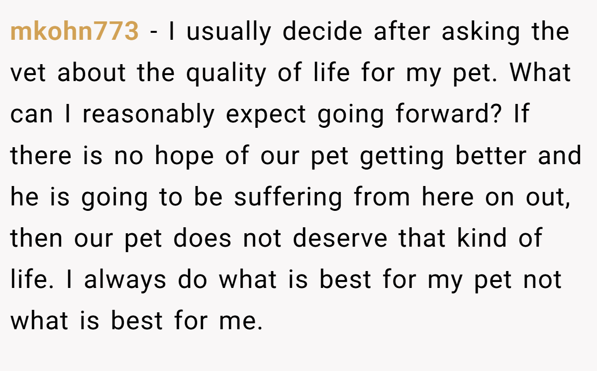mkohn773 − I usually decide after asking the vet about the quality of life for my pet. What can I reasonably expect going forward? If there is no hope of our pet getting better and he is going to be suffering from here on out, then our pet does not deserve that kind of life. I always do what is best for my pet not what is best for me.