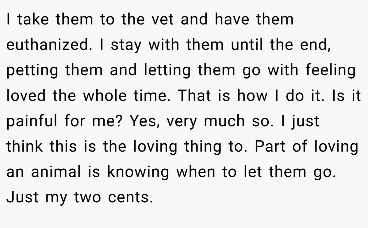 I take them to the vet and have them euthanized. I stay with them until the end, petting them and letting them go with feeling loved the whole time. That is how I do it. Is it painful for me? Yes, very much so. I just think this is the loving thing to. Part of loving an animal is knowing when to let them go. Just my two cents.